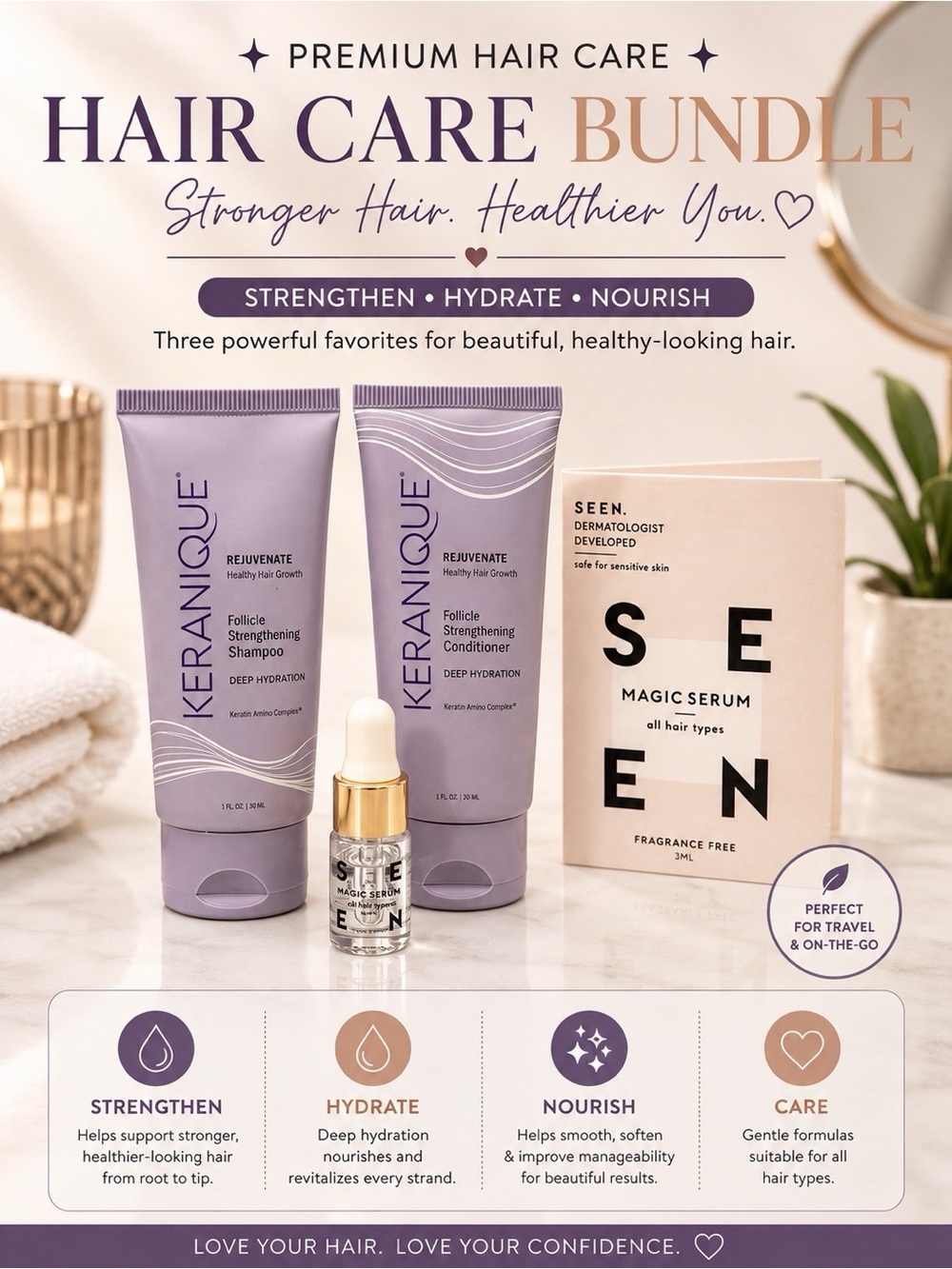 Keranique Shampoo & Conditioner + SEEN Magic Serum Travel Size Hair Care Bundle